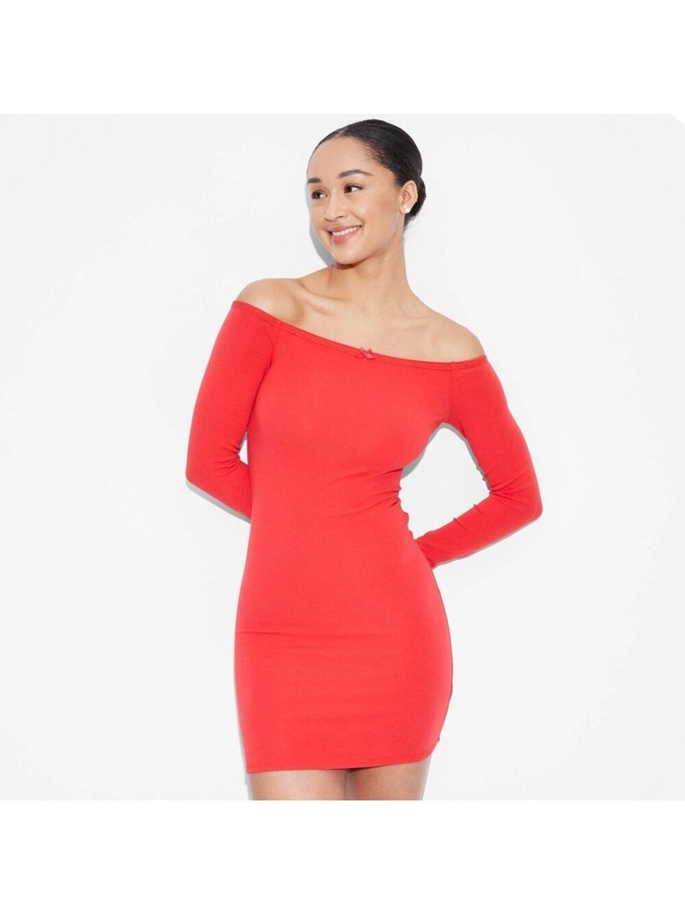 Wild Fable Off Shoulder Mini Dress Large Cherry Red Bodycon Lace Soft Girl